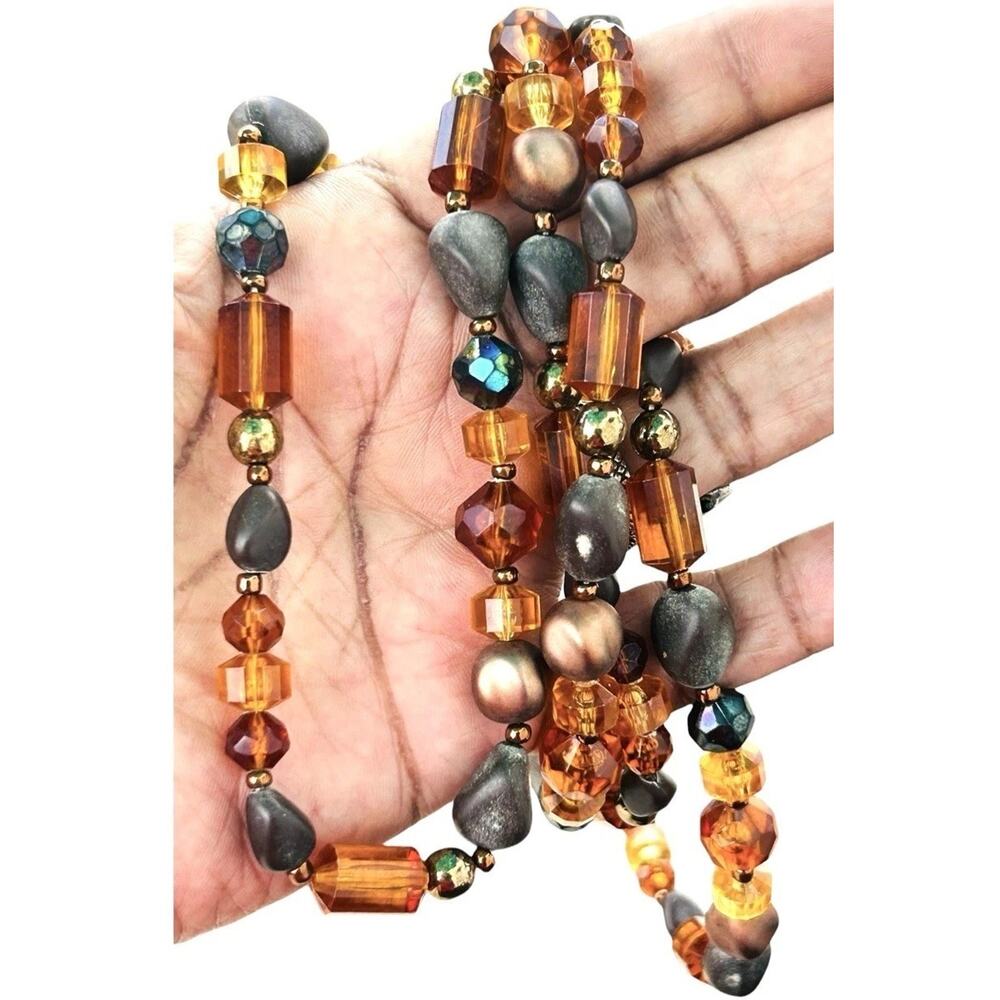 Vintage Beaded Acrylic Necklace Clip Earring Set 50” West German Opera Flapper